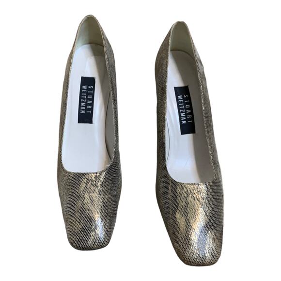 Stuart Weitzman gold snake skin shimmer block heel pump shoes size 9 AA - Picture 6 of 10